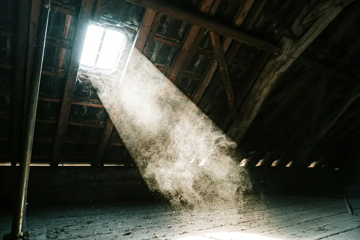 Dust drifting through a shaft of sunlight in an old unfinished attic