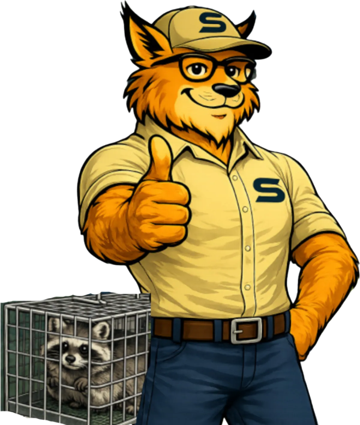 Swift Wildlife mascot with a safely caged raccoon, serving the Treasure Coast